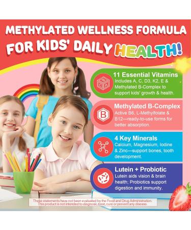 Kids Multivitamin Gummies + Calcium Probiotics Vitamin D3 C Methylated B12 & Methylfolate B6 A K2 E Zinc Prebiotics for Children Ages 4+ Clean & Sugar Free for Nutritional Support 60 Cts 60 Count (Pack of 1) - Buy Online on GoSupps.com