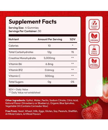 Creatine Monohydrate Gummies Strawberry - Vegan Sugar Free 5g Per Serving | Muscle Builder & Recovery | 120 Count - Buy Online on GoSupps.com