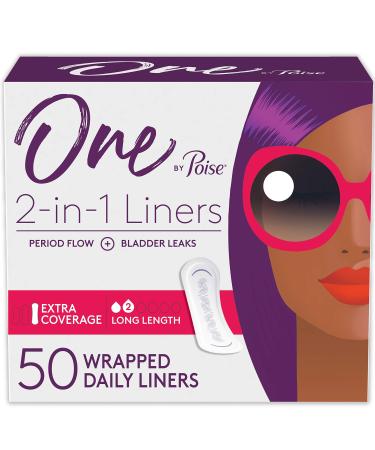 One by Poise Panty Liners (2-in-1 Period & Bladder Leakage Daily Liner), Long, Extra Coverage, 50 Count Panty Liners (50 Count)