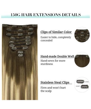 Doores Real Hair Clip Extensions 35cm | Walnut Brown to Ash Brown & Blonde 150g - Remy Straight Thick 9 Pieces - Buy Online on GoSupps.com