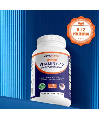 Vitamatic Vegan B12 1000 mcg - Methyl B12 with Folic Acid Vitamin B6 Spirulina Beet Root Broccoli & Brown Rice - Supports Healthy Mood Energy Heart & Eye Health - 180 Capsules - Buy Online on GoSupps.com