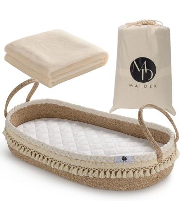 Maidek Baby Changing Basket - Handmade Woven Cotton Rope Moses Basket - Changing Table Topper with Mattress Pad, Removable Cover, Soft Blanket, Furniture - 29x16x4.7 Brown/White
