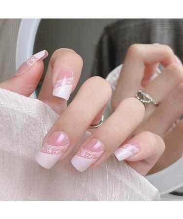 MENILITHS French Pink Lace Long False Nails Sticker False Nails Acrylic Fake Nails Full Cover Nails Tips Artificial Finger Manicure for Women and Girls - Buy Online on GoSupps.com