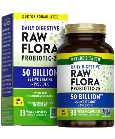 Raw Flora Probiotics with Prebiotics | 50 Billion CFU | 33 Daily Digestive Capsules | Vegan, Non-GMO & Gluten Free Supplement for Women and Men