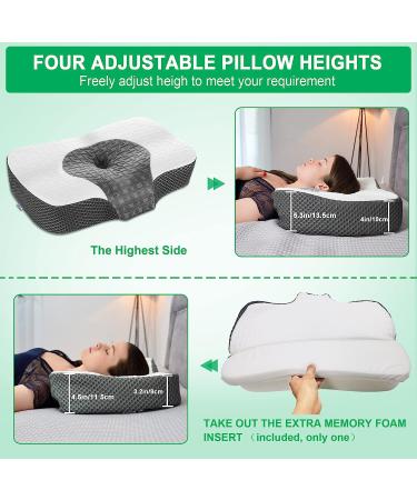 Elviros Cervical Memory Foam Neck Pillow - Contour Orthopedic Pillow for Back, Stomach, and Side Sleepers - Adjustable Ergonomic Bed Pillow for Pain Relief - CertiPUR-US Certified, White Queen Size - 23.6 x 15.2 x 3.9/5.3 inches - Buy Online on GoSupps.com