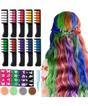 EBANKU 10 Colors Temporary Hair Chalk Comb Set with 4 Glitter Tubes 1 Comb and 32 Stencils Washable Hair Color DIY for Girls Kids Gifts Kids Hair Dyeing Party Cosplay Halloween Christmas - Buy Online on GoSupps.com