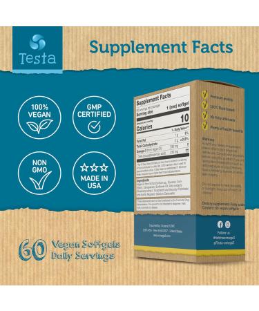 Testa Omega-3 Algae Oil Capsules - Vegan 250mg DHA Supplement - Plant Based, Pure & Healthier Than Fish Oil - 60ct - Buy Online on GoSupps.com