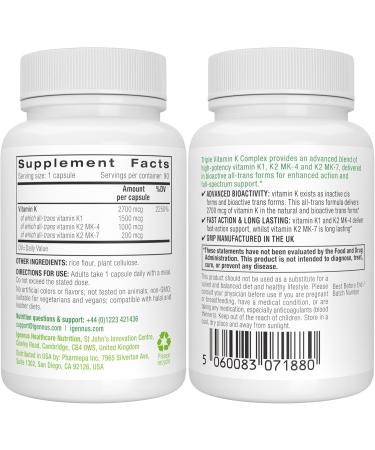 Igennus High Strength Triple Vitamin K Complex 2700 mcg K1 & K2 (MK-4 & MK-7) 1-a-Day Clean Label Advanced Bioactive Forms Bone & Cardiovascular Support Vegan 90 Fast Action Capsules - Buy Online on GoSupps.com