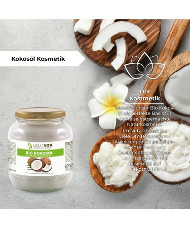 GreatVita Organic Virgin Coconut Oil 1000ml - Premium Glass Jar for Cooking Baking Skin & Hair Care - Buy Online on GoSupps.com