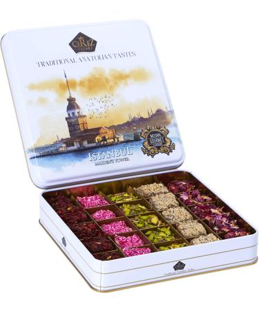 Cerez Pazari Turkish Delight with Mix of 4 Flavours and Pistachio, Hazelnut and Walnut Assorted Gourmet Lokum (Loukoumi) in Elegant Tin Gift Box 1.1 lbs  | Sweet Traditional Soft Candy Dessert 25Pcs