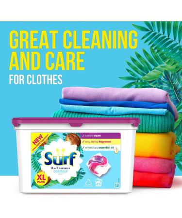 Surf 3-in-1 Washing Detergent Capsules Coconut Bliss Long Lasting Fragrance and Made with Natural Essential Oil Laundry Detergent XL Pack 45 Washes (Pack of 2) - Buy Online on GoSupps.com