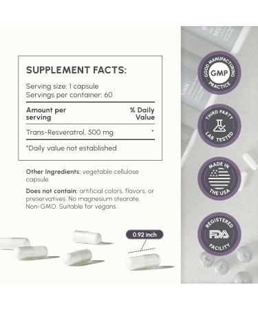 partiQlar High Purity Trans Resveratrol Supplement 500mg - Each Capsule Exceeds 98% Purity - 3rd Party Tested - Vegan - Sirtuin Activating and Cell Protecting Supplement - 60 Capsules - Buy Online on GoSupps.com