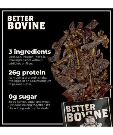 BETTER BOVINE Grass Fed Wagyu Beef Jerky Keto Paleo Low Carb High Protein Gluten Free Sugar Free Non-GMO Nitrate Free Preservative Free No Antibiotics No Added Hormones 26g Protein 0g Carbs 180 Calories Salt and Pepper 5 Pack - Buy Online on GoSupps.com
