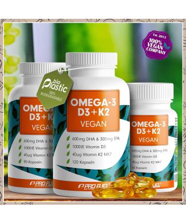Omega-3 Vegan + D3 & K2 Capsules (240x) - 1100mg Algae Oil 600mg DHA 300mg EPA 1000 IE Vitamin D3 & 40 g K2 - High Dose Lab Tested Omega-3 Supplement - Buy Online on GoSupps.com