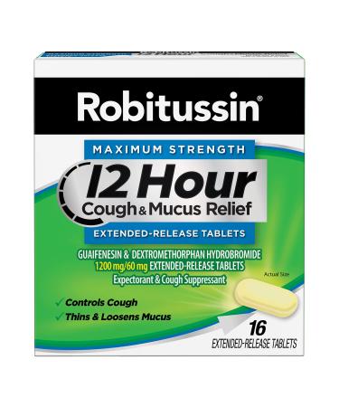 Robitussin Tablet 12 Hour Cough and Mucus Relief Extended Release Controls Cough Thins and Loosens Alcohol Free, 16 Count 16 Count (Pack of 1)