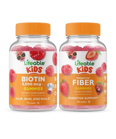 Lifeable Biotin Kids + Prebiotic Fiber Kids Gummies Bundle - Great Tasting Vitamin Supplement Gluten Free GMO Free Chewable Gummy