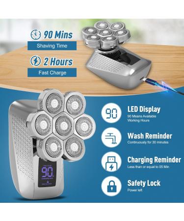 Lyandieo 7D Head Shaver for Bald Men - Waterproof Electric Razor with Nose Hair Trimmer, LED Display, Rechargeable - Silver - Buy Online on GoSupps.com