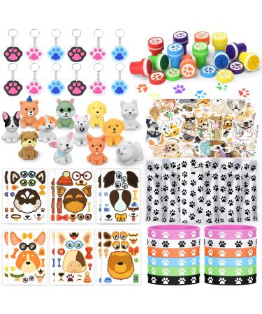 122PCs dog party gifts dogs motto birthday party accessories contain 12 dog party gift bags 12 dogs DIY facial stickers 12 dogs keychain and 50 dog stickers for children