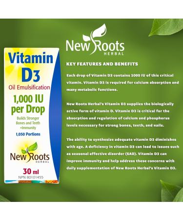 New Roots Herbal - Vitamin D3 Drop - 30ml - Vitamin D3 1000IU Cholecalciferol - Vitamin D3 Supplement - Healthy Bones Healthy Teeth and Immunity Support - Vit D3 1000 IU - Buy Online on GoSupps.com