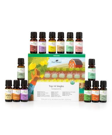 Plant Therapy Top 14 Organic Essential Oil Singles Set 100% Pure Essential Oils Undiluted Natural Aromatherapy for Diffusion and Body Care 10 mL (1/3 oz) Each