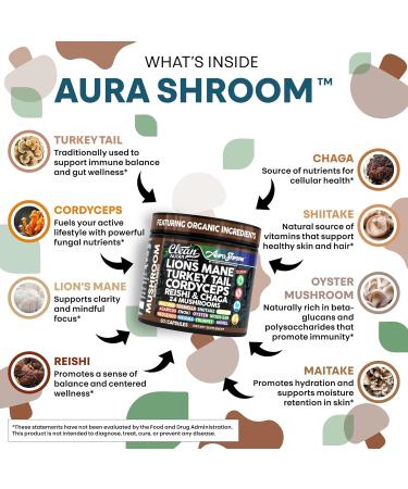 AuraShroom Mushroom Supplement Lions Mane Turkey Tail Cordyceps Reishi Shiitake Chaga Oyster Stress Relief Immune Support Nootropic Energy Portobello Mushrooms 60 Capsules by Clean Nutra - Buy Online on GoSupps.com