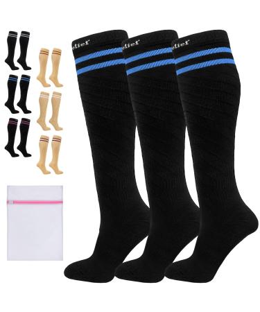 360 RELIEF - Flight Compression Socks Supports | Blood Circulation Travel Work S-M 3Pairs-Black with 2 Blue lines