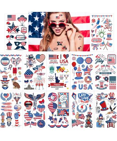 Fanoshon Fourth of July Temporary Tattoos Set Patriotic Decorations Stickers 12 sheets for Kids Adults  Red White and Blue American Flag USA Party Supplies 4th of July Memorial Independence Labor Day