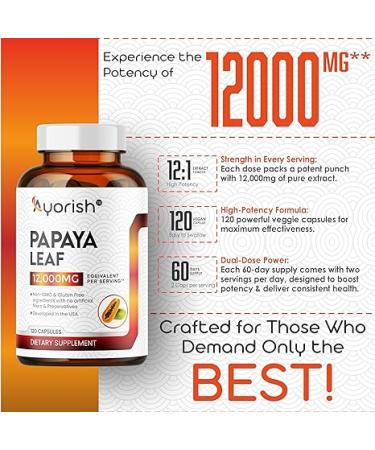 Ayorish Papaya Leaf 12:1 Extract 12000mg Per Serving (120 Capsules) 60 Days Supply| Non GMO Gluten Free Capsule (Pack of 1) - Buy Online on GoSupps.com