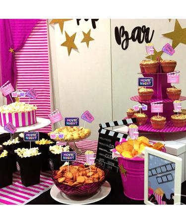 24 Pcs Movie Night Cupcake Toppers - Pink Girl Movie Night Birthday Party Supplies Double Sided Paper Cinema Cake Decorations Backyard Popcorn Movie Theme Baby Shower Decor - Buy Online on GoSupps.com