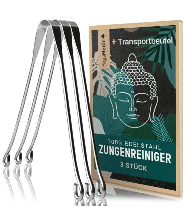 Tongue cleaner stainless steel 100% incl. Cotton bag - handmade - packaging 100% recycled - Ayurveda tongue scraper against bad breath 3 pieces of stainless steel hook handles 3 pieces (1 Pack)