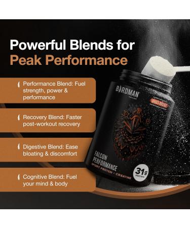 Birdman Falcon Performance Vegan Protein Powder, 31g Protein, 5g Creatine, 5g BCAA, Probiotics, Electrolytes - Plant Based Chocolate Protein -19 servings  - Buy Online on GoSupps.com