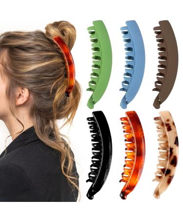 Fulaicai 6 PCS Banana Hair Clips 5.2 Inch Long Ponytail Banana Clips Strong Grip Ponytail Holder Clamp with 10 Duckbill Clip for Girls Women Thick or Medium Hair (6 Colors)