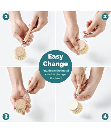 Jungle Culture Eco-Friendly Bamboo Dish Brush Set - 4 Piece Kitchen Cleaning Brushes with 3 Replacement Heads - Long Handle Wooden Brush for Pans, Plates, and Dishes - Buy Online on GoSupps.com