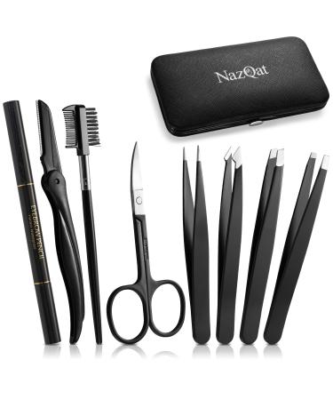 Professional Eyebrow Kit 8-Pack - 4Pc Eyebrow Tweezer Kit - Eyebrow Grooming Kit for Women & Men - Eyebrow Trimming Kit With Razor, Pencil, Eyebrow Scissors and Brush with Comb & Portable Travel Case Pack of 8