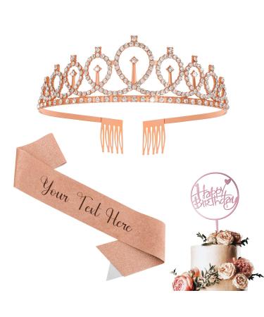 SWIMFUN Personalized Birthday Sash & Birthday Crown Set for Women Happy Birthday Cake Toppers Birthday Gift for Girl Kit Decorations Set Rhinestone Hair Accessories Glitter Stain for Party Your Text Here Rose Gold