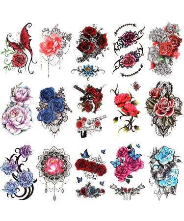 Qpout 15 Sheets Flower Temporary Tattoos for Women  Half Arm Tattoos Sleeves Stickers  Rose Flower Skull Butterfly Fake Tattoos  Arm Chest Shoulder Decorations Tattoos for Adults Girls Kids