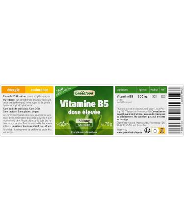 Greenfood Vitamin B5 (Pantothenic Acid) 500 mg High Dose 120 Capsules - For Normal Mental Performance. No Artificial Additives No Genetically Modified Organisms. Vegan - Buy Online on GoSupps.com