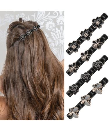 4 Pcs Hair Clips for Women Girls Sparkling Crystal Stone Braided Hair Clips Stain Fabric Hair Bands Shiny Rhinestone Small Hair Clips Rhinestones Flower Butterfly Duckbill Hairpin for Styling (Cute) Black