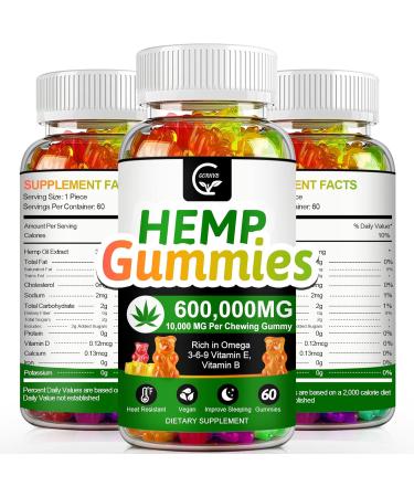 Gornvb - Hemp Gummies Extra Strength - Vegan - Non-GMO - Gluten-Free 600000MG with Omega 3 6 9  Vitamins B E - 60 Gummies