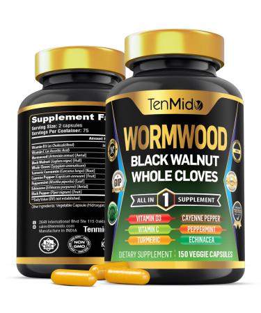 Tenmido Wormwood Capsules Supplement for Men and Women 10in1 Formula with Black Walnut Whole Cloves Turmeric Cayenne Pepper & More - Digestive Immune Support - Nutrient Rich - 150 Capsules