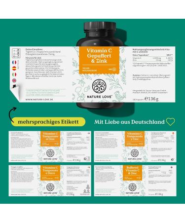 Nature Love Vitamin C Buffered & Zinc 180 Capsules | 1000mg Vitamin C + 15mg Zinc | Vegan pH-Neutral Lab-Tested | Made in Germany - Buy Online on GoSupps.com
