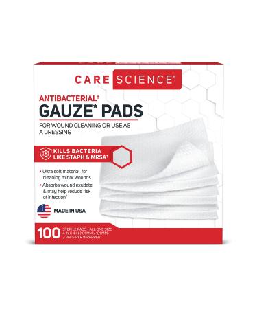 Care Science Antibacterial Sterile Gauze Pads  100 ct  Large  4 X 4 in | for Cleaning or Covering Wounds as a Dressing 100 Count (Pack of 1)