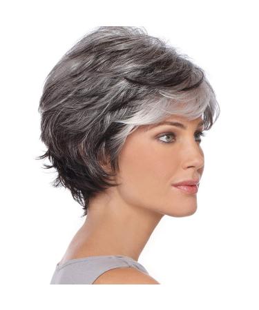 RENERSHOW Short Grey Pixie Cut Wig for Women | Layered Synthetic Hair Mixed Gray with White Bangs | Natural Wavy Old Lady Wig - Buy Online on GoSupps.com
