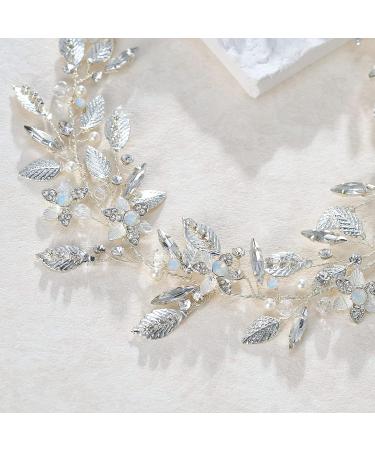 SweetV Flower-Leaf Bridal Headpiece | Wedding Hair Accessory for Brides | Rhinestone Opal Headband | Silver Flower Girl Bridesmaid Piece - Buy Online on GoSupps.com