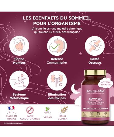 Sleep 1.9mg Melatonin for Better Sleep | FORMAT 4 MONTHS - Calms the mind & body Valerian Lemon balm Saffron Vitamin B6 | No habituation 120 capsules Made in France - Beauty&Wild - Buy Online on GoSupps.com