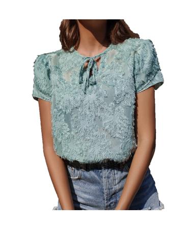 Workout Tops for Women Casual Solid Short Sleeve T Shirts Tops Spring O Neck Tie Pullover Blouse Basic Tunic X-Large Green