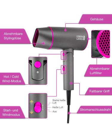 LIFETIME Ion Hairdryer 2100W - Travel-Friendly Anti-Split Ends Cold Air Mode | Compact Gray/Pink Design for Effortless Styling - Buy Online on GoSupps.com