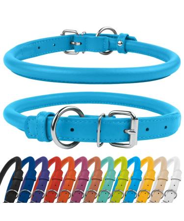 Collardirect round leather dog collar soft padded rolled handmade real leather collar for dog puppy cat small big black pink red purple blue blue 35-40 cm