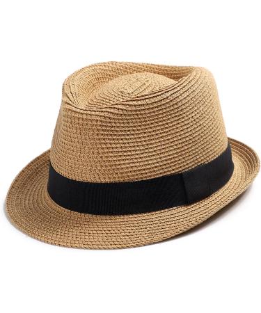 Women's Short Brim Straw Sun Hat Fedora Trilby - Packable Beach Hat in Khaki - Buy Online on GoSupps.com