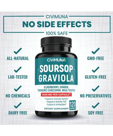 Soursop Graviola Extract Capsules 9450mg - 120 Capsules | 4 Months Supply with Elderberry and Turmeric Curcumin - Buy Online on GoSupps.com